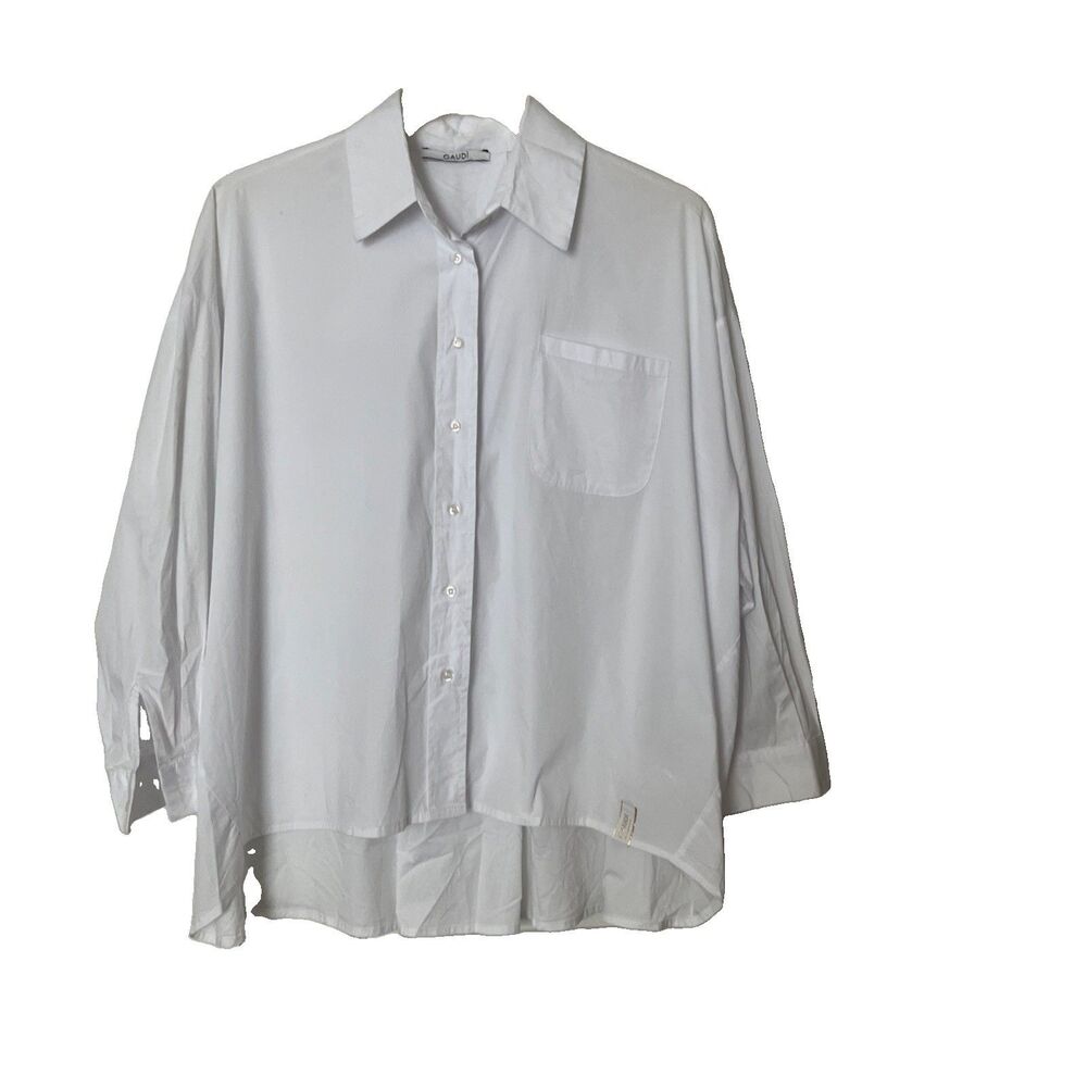 Gaudi Essential White Button Up XL Oversized Pleated Cotton Lagenlook Italy